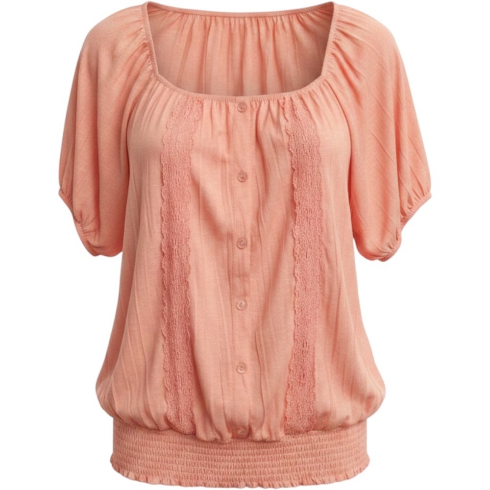 Est.‎ 1946 Plus Sportswear Coral Pink Lace Trim Smocked Hem Blouse 14/16W NWT